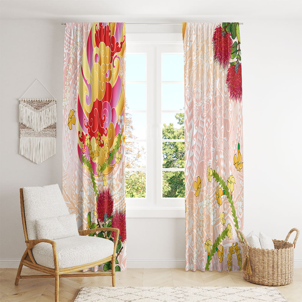 Japanese and Hawaiian Culture Fusion Window Curtain Irezumi with Turtles and Lei Kakau Pattern Sunset Vibe