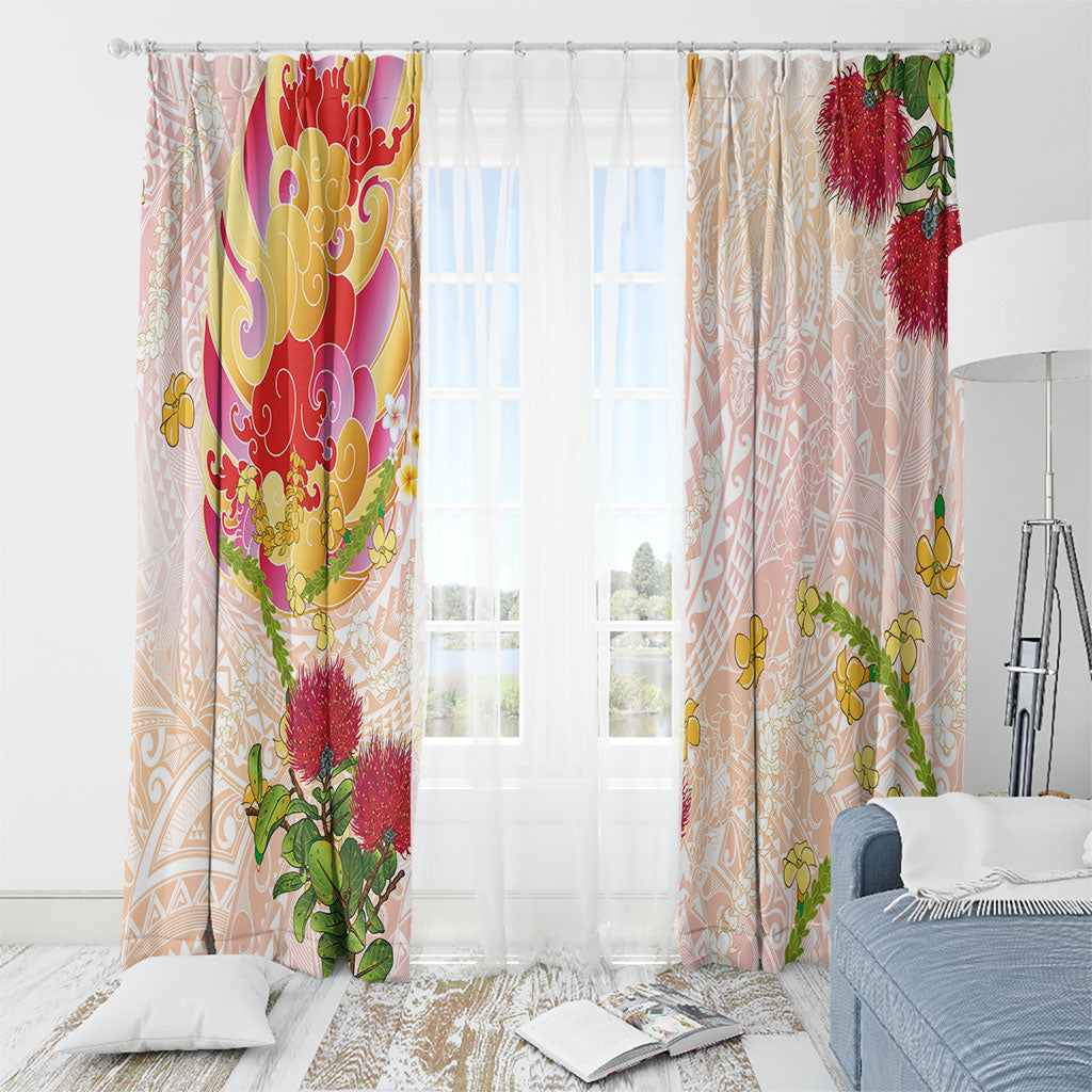 Japanese and Hawaiian Culture Fusion Window Curtain Irezumi with Turtles and Lei Kakau Pattern Sunset Vibe