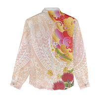 Japanese and Hawaiian Culture Fusion Women Casual Shirt Irezumi with Turtles and Lei Kakau Pattern Sunset Vibe
