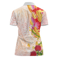 Japanese and Hawaiian Culture Fusion Women Polo Shirt Irezumi with Turtles and Lei Kakau Pattern Sunset Vibe