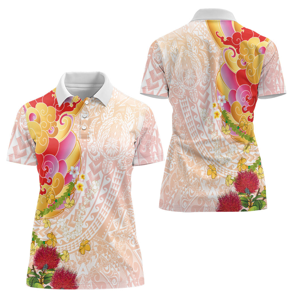 Japanese and Hawaiian Culture Fusion Women Polo Shirt Irezumi with Turtles and Lei Kakau Pattern Sunset Vibe