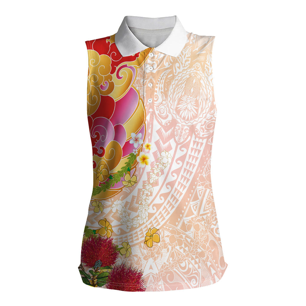 Japanese and Hawaiian Culture Fusion Women Sleeveless Polo Shirt Irezumi with Turtles and Lei Kakau Pattern Sunset Vibe