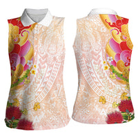 Japanese and Hawaiian Culture Fusion Women Sleeveless Polo Shirt Irezumi with Turtles and Lei Kakau Pattern Sunset Vibe