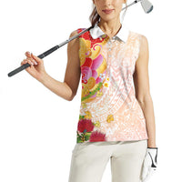 Japanese and Hawaiian Culture Fusion Women Sleeveless Polo Shirt Irezumi with Turtles and Lei Kakau Pattern Sunset Vibe