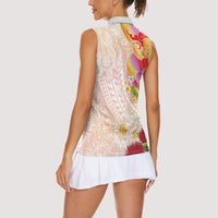 Japanese and Hawaiian Culture Fusion Women Sleeveless Polo Shirt Irezumi with Turtles and Lei Kakau Pattern Sunset Vibe