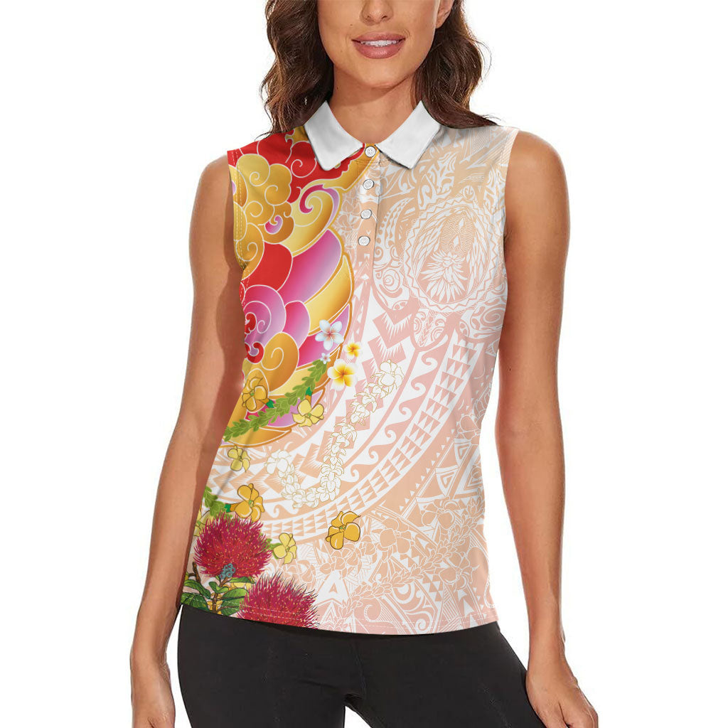 Japanese and Hawaiian Culture Fusion Women Sleeveless Polo Shirt Irezumi with Turtles and Lei Kakau Pattern Sunset Vibe
