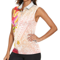 Japanese and Hawaiian Culture Fusion Women Sleeveless Polo Shirt Irezumi with Turtles and Lei Kakau Pattern Sunset Vibe