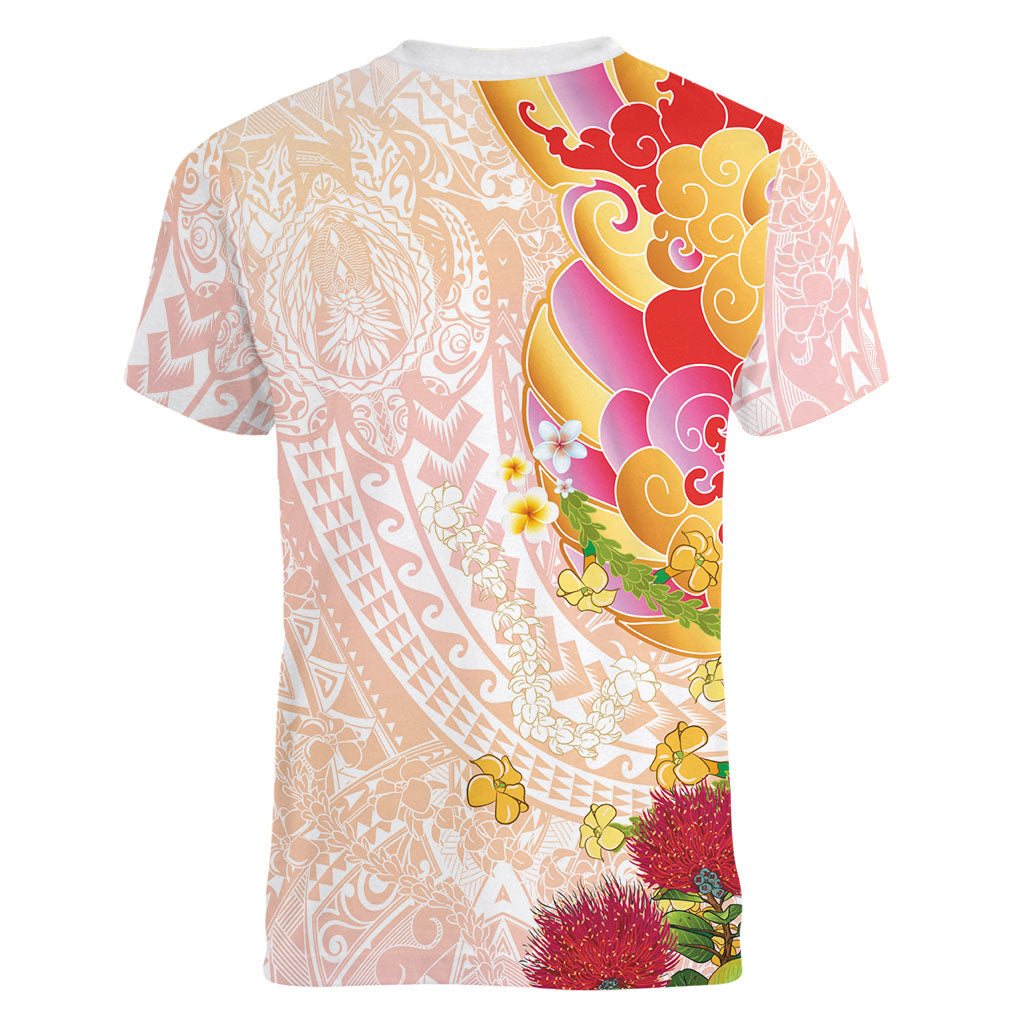 Japanese and Hawaiian Culture Fusion Women V-Neck T-Shirt Irezumi with Turtles and Lei Kakau Pattern Sunset Vibe