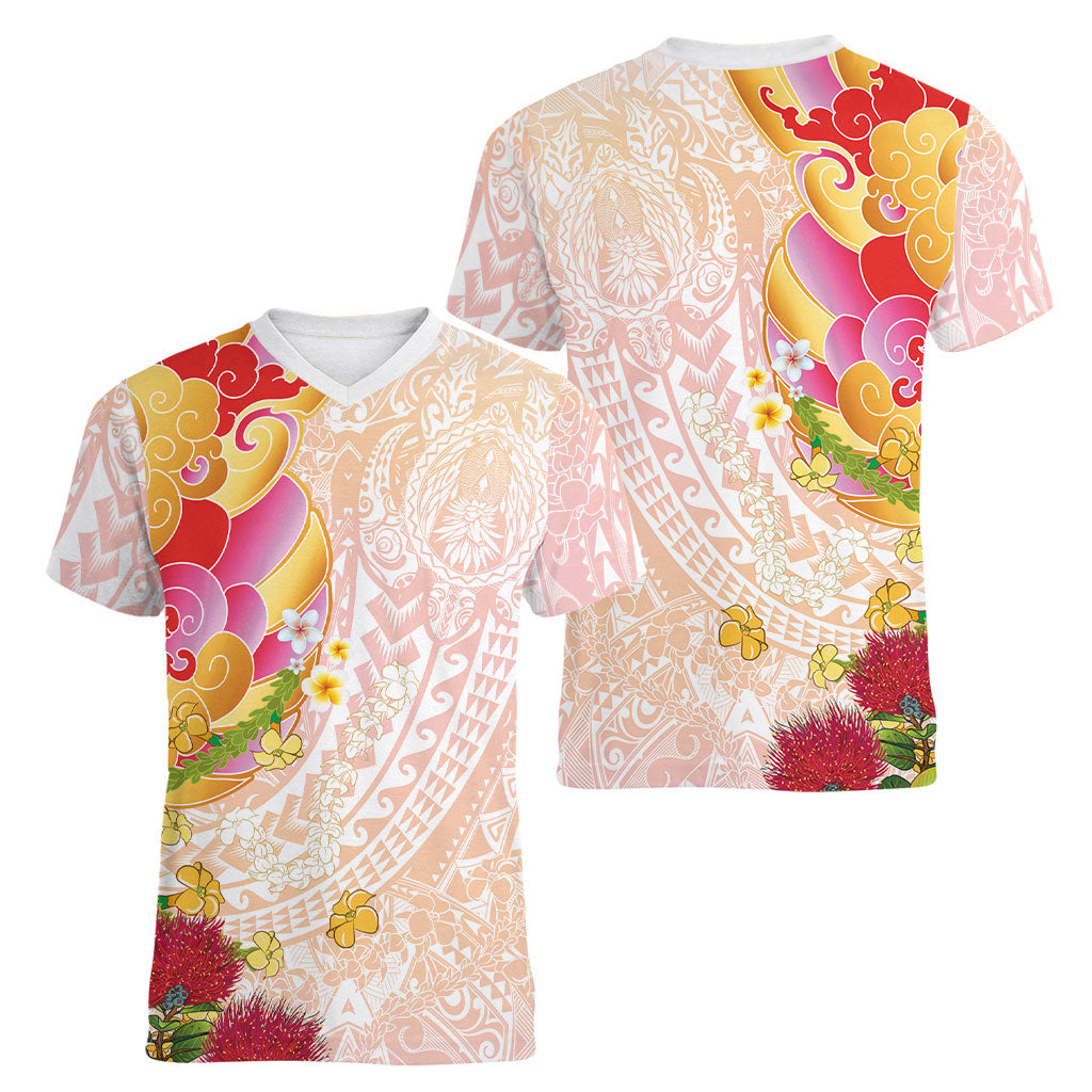 Japanese and Hawaiian Culture Fusion Women V-Neck T-Shirt Irezumi with Turtles and Lei Kakau Pattern Sunset Vibe