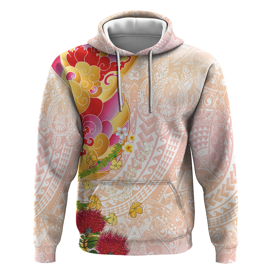 Japanese and Hawaiian Culture Fusion Zip Hoodie Irezumi with Turtles and Lei Kakau Pattern Sunset Vibe