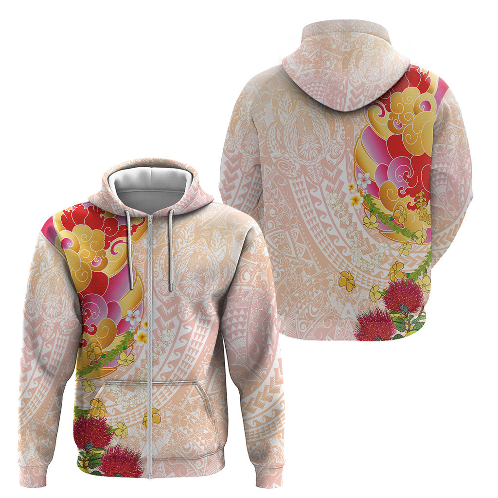 Japanese and Hawaiian Culture Fusion Zip Hoodie Irezumi with Turtles and Lei Kakau Pattern Sunset Vibe