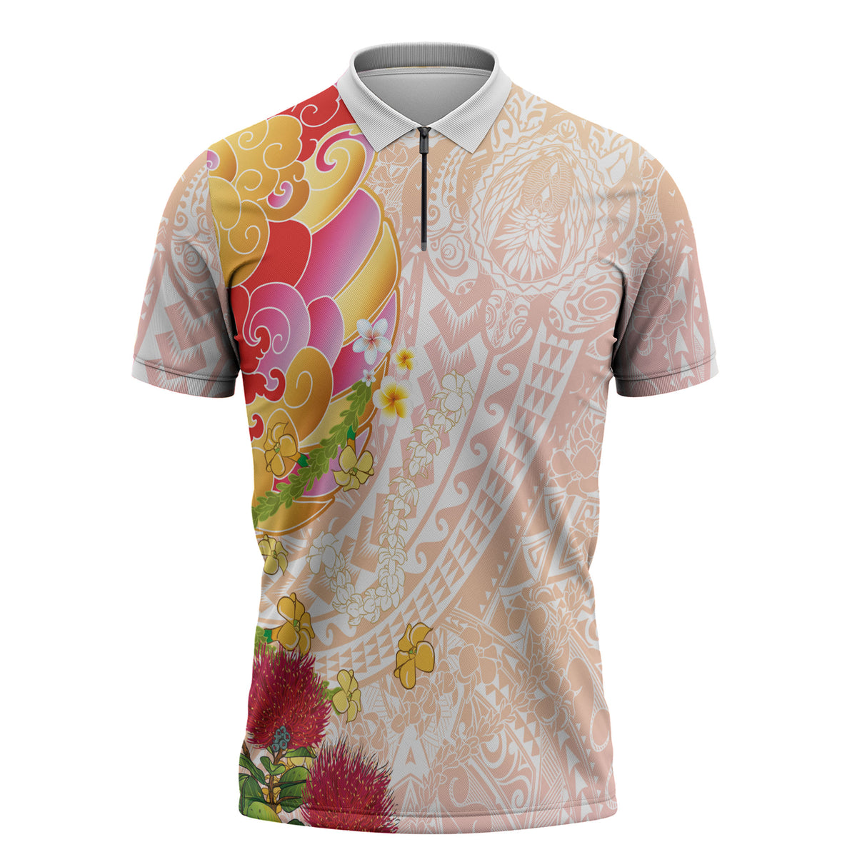 Japanese and Hawaiian Culture Fusion Zipper Polo Shirt Irezumi with Turtles and Lei Kakau Pattern Sunset Vibe