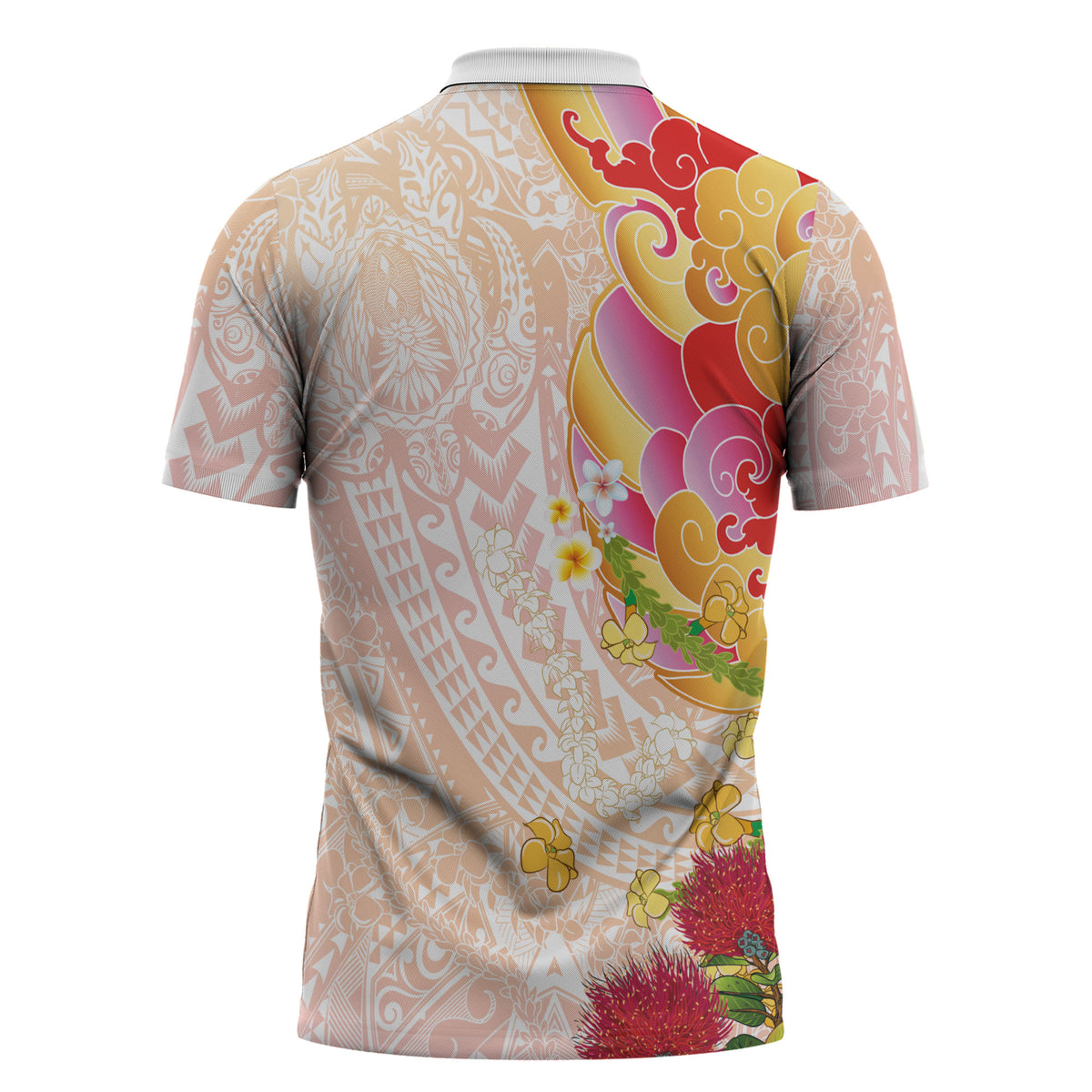 Japanese and Hawaiian Culture Fusion Zipper Polo Shirt Irezumi with Turtles and Lei Kakau Pattern Sunset Vibe