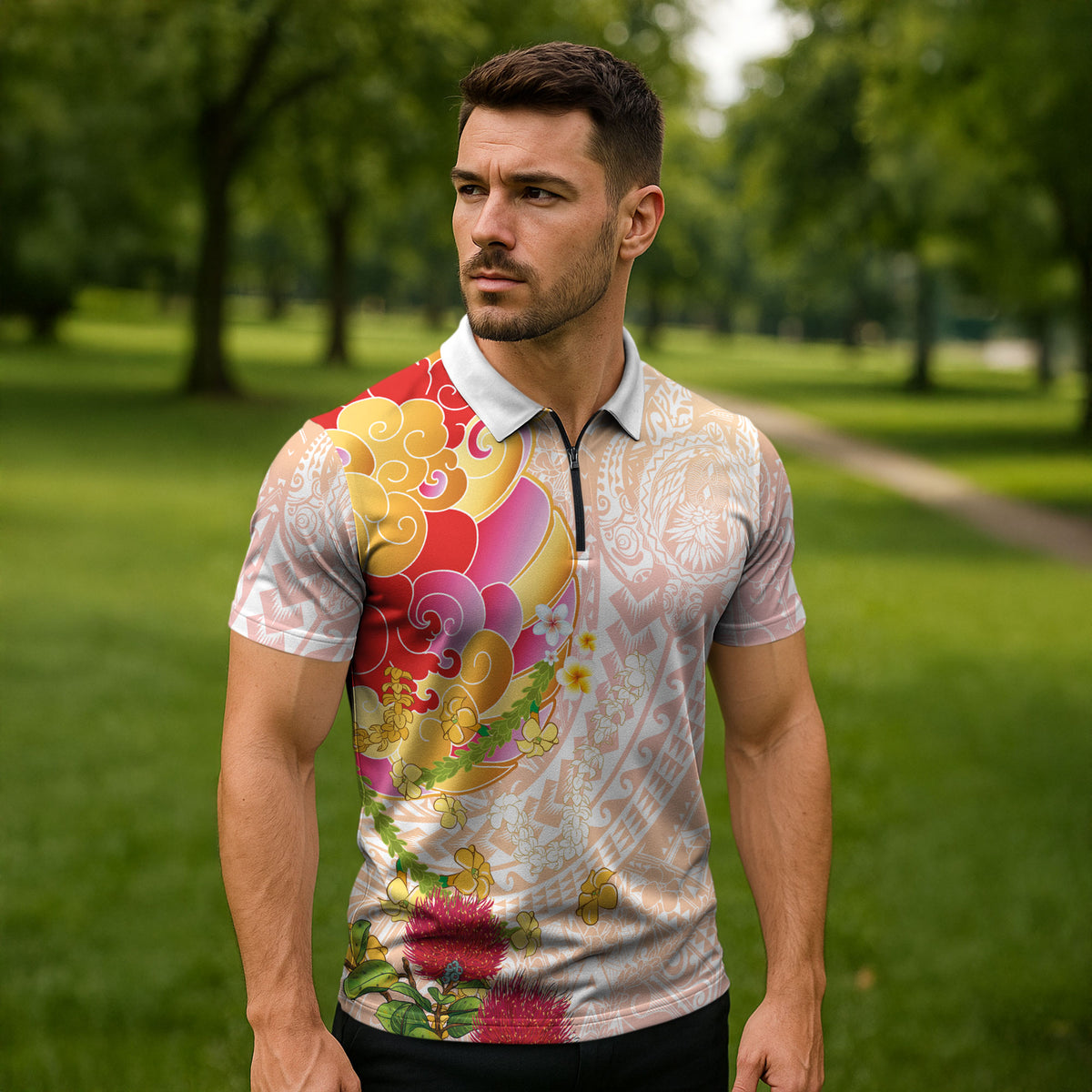 Japanese and Hawaiian Culture Fusion Zipper Polo Shirt Irezumi with Turtles and Lei Kakau Pattern Sunset Vibe