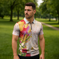 Japanese and Hawaiian Culture Fusion Zipper Polo Shirt Irezumi with Turtles and Lei Kakau Pattern Sunset Vibe
