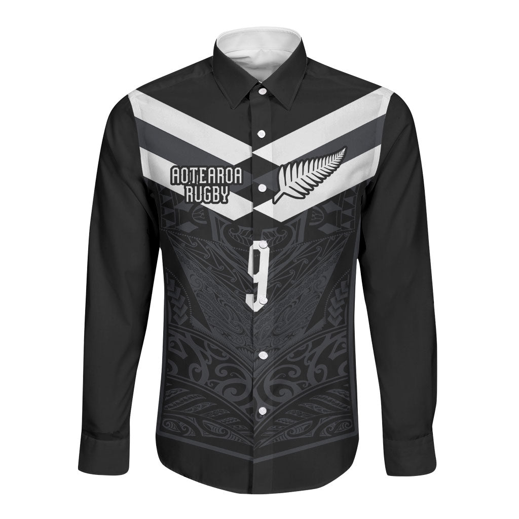 Aotearoa Rugby Custom Long Sleeve Button Shirt Maori Tribal Motifs Stripes-Sporty Style LT03 Unisex Black - Polynesian Pride