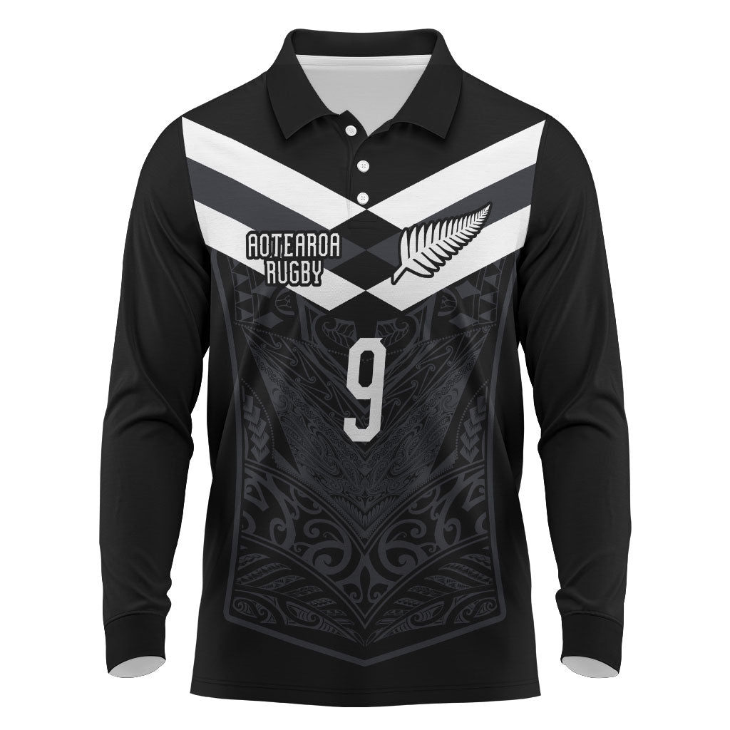 Aotearoa Rugby Custom Long Sleeve Polo Shirt Maori Tribal Motifs Stripes-Sporty Style LT03 Black - Polynesian Pride