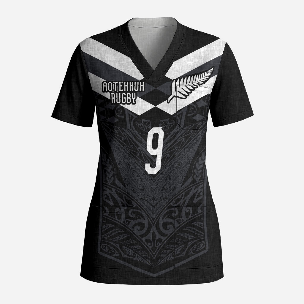 Aotearoa Rugby Custom Scrub Top Maori Tribal Motifs Stripes-Sporty Style LT03 Adult Black - Polynesian Pride