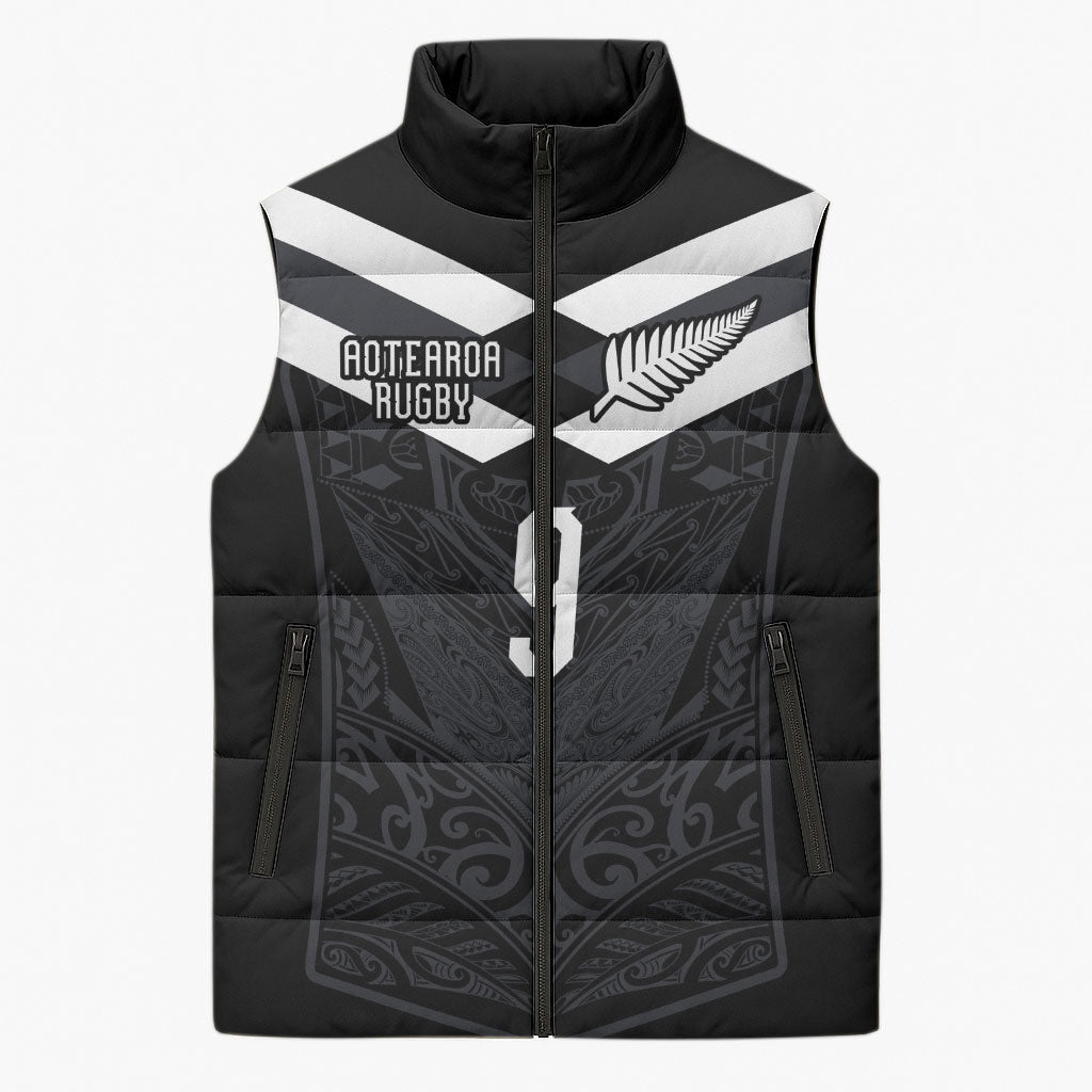 Aotearoa Rugby Custom Sleeveless Puffer Jacket Maori Tribal Motifs Stripes-Sporty Style LT03 Unisex Black - Polynesian Pride