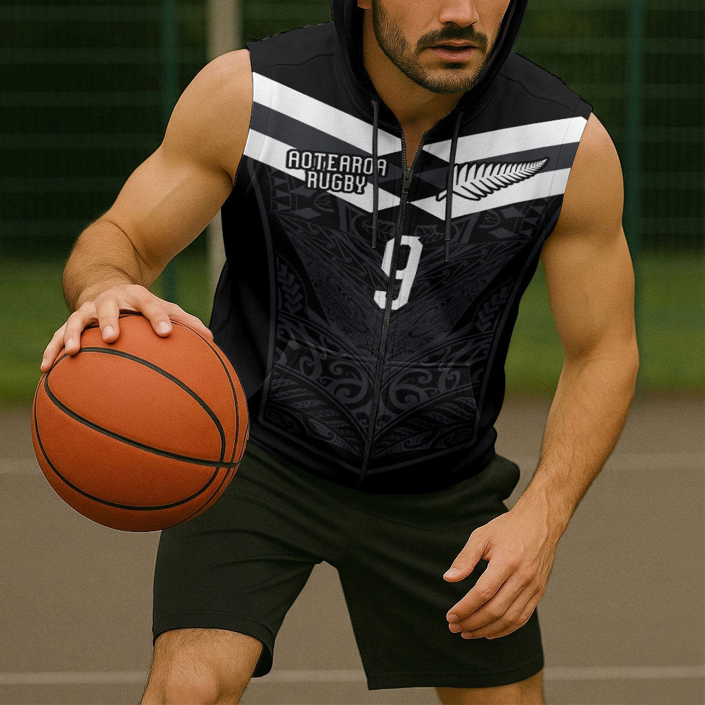 Aotearoa Rugby Custom Sleeveless Zip Hoodie Maori Tribal Motifs Stripes-Sporty Style