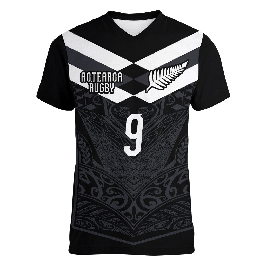 Aotearoa Rugby Custom Women V-Neck T-Shirt Maori Tribal Motifs Stripes-Sporty Style