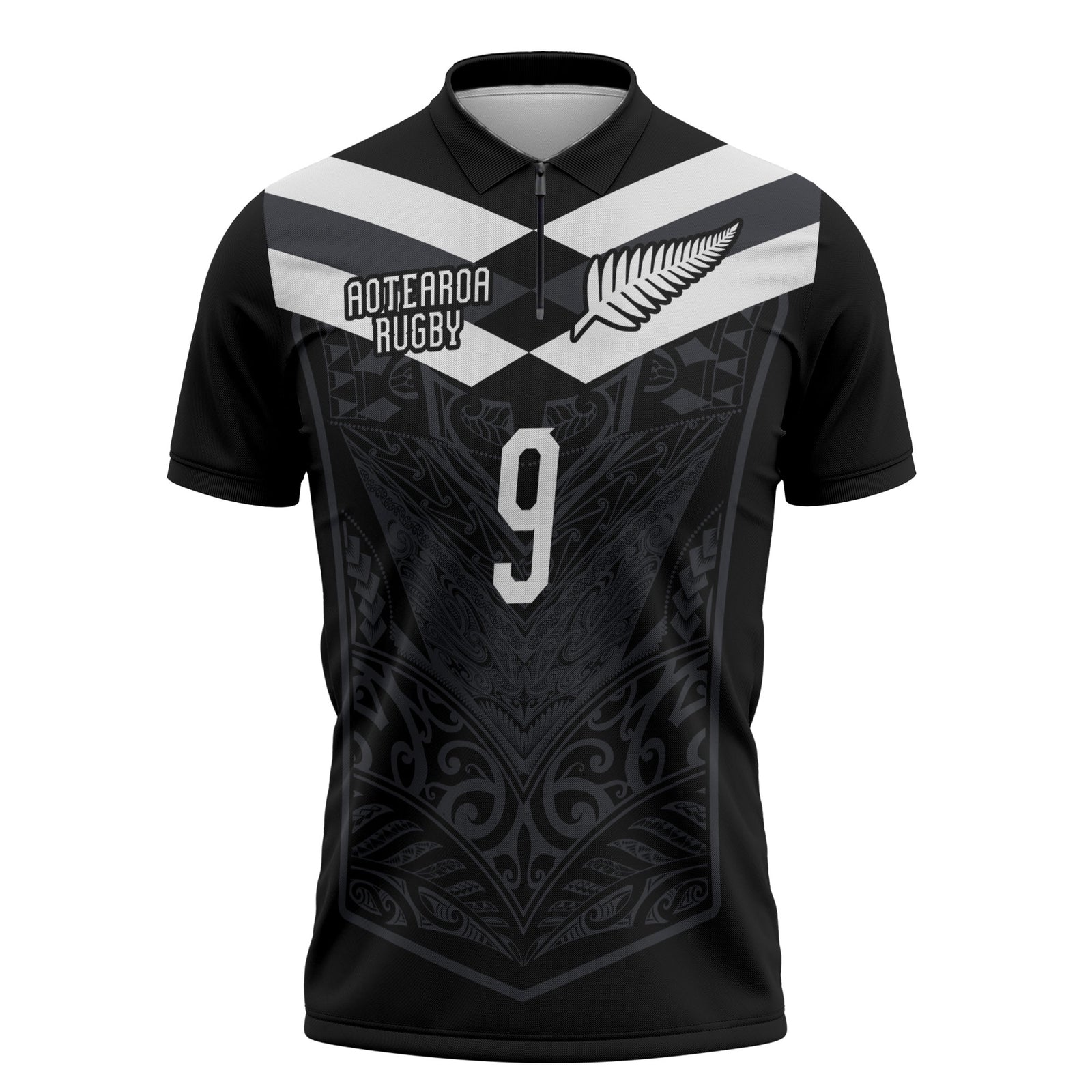 Aotearoa Rugby Custom Zipper Polo Shirt Maori Tribal Motifs Stripes-Sporty Style LT03 Black - Polynesian Pride