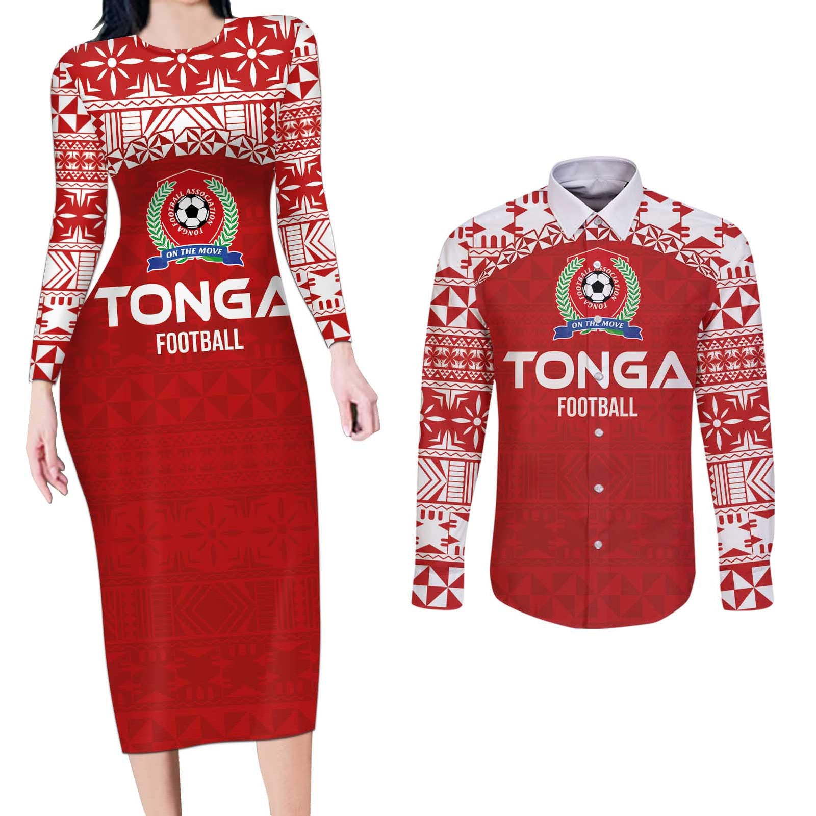 Custom Tonga Football Ngatu Tribal Tattoo Couples Matching Long Sleeve Bodycon Dress and Long Sleeve Button Shirt LT03 Red - Polynesian Pride