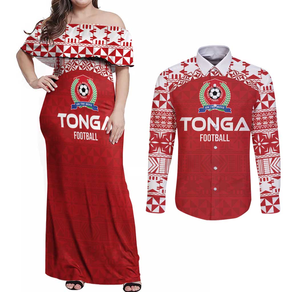 Custom Tonga Football Ngatu Tribal Tattoo Couples Matching Off Shoulder Maxi Dress and Long Sleeve Button Shirt LT03 Red - Polynesian Pride