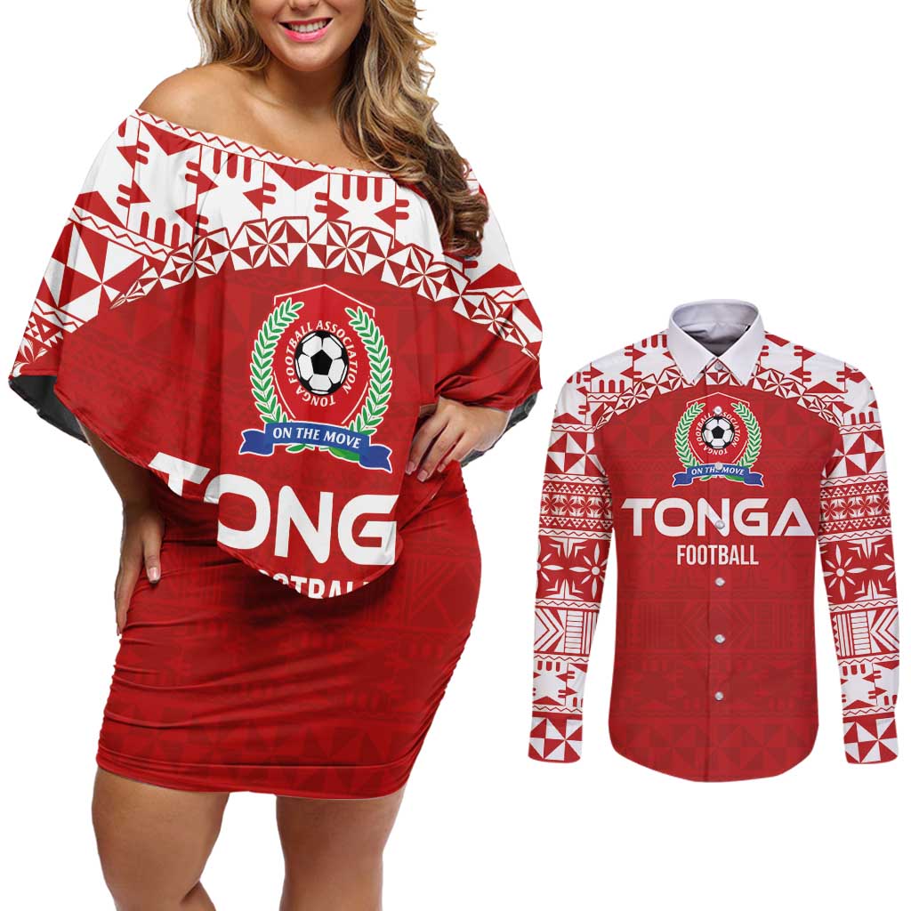 Custom Tonga Football Ngatu Tribal Tattoo Couples Matching Off Shoulder Short Dress and Long Sleeve Button Shirt LT03 Red - Polynesian Pride