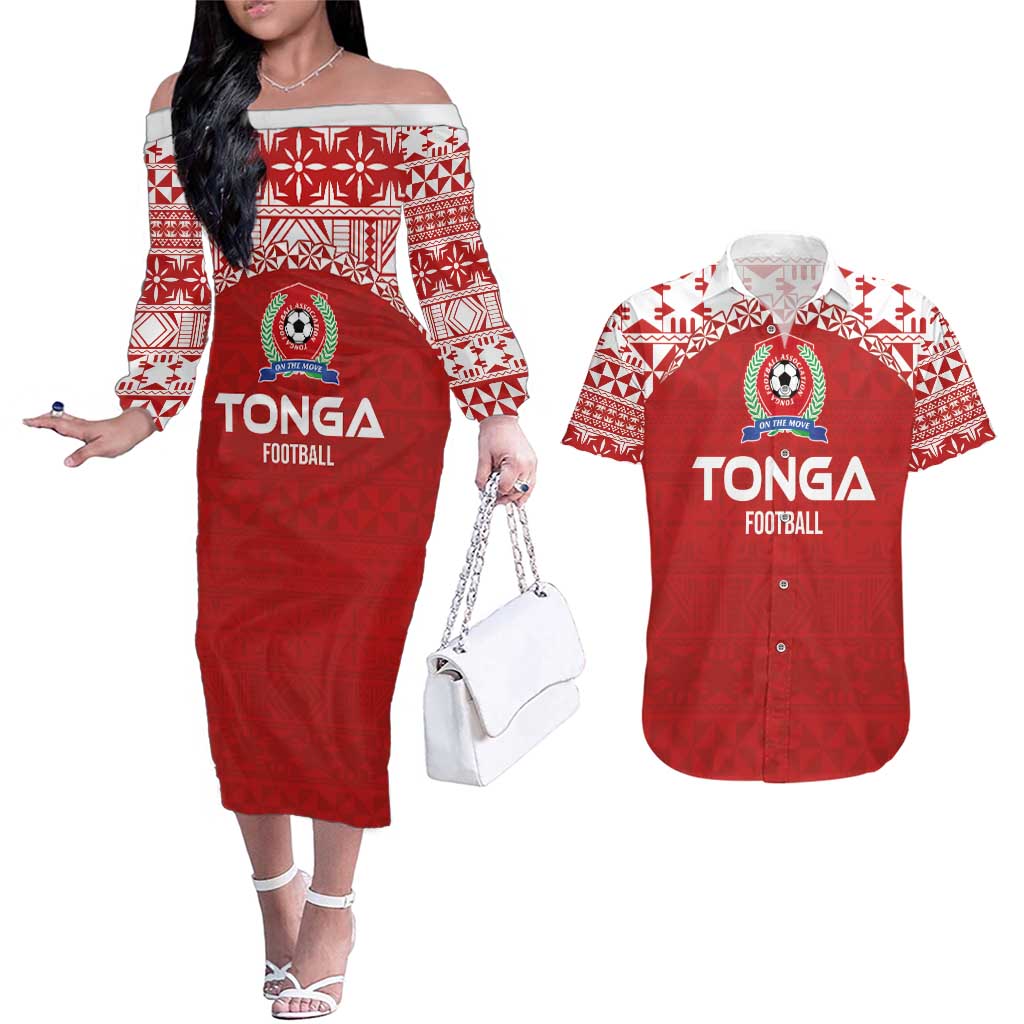 Custom Tonga Football Ngatu Tribal Tattoo Couples Matching Off The Shoulder Long Sleeve Dress and Hawaiian Shirt LT03 Red - Polynesian Pride