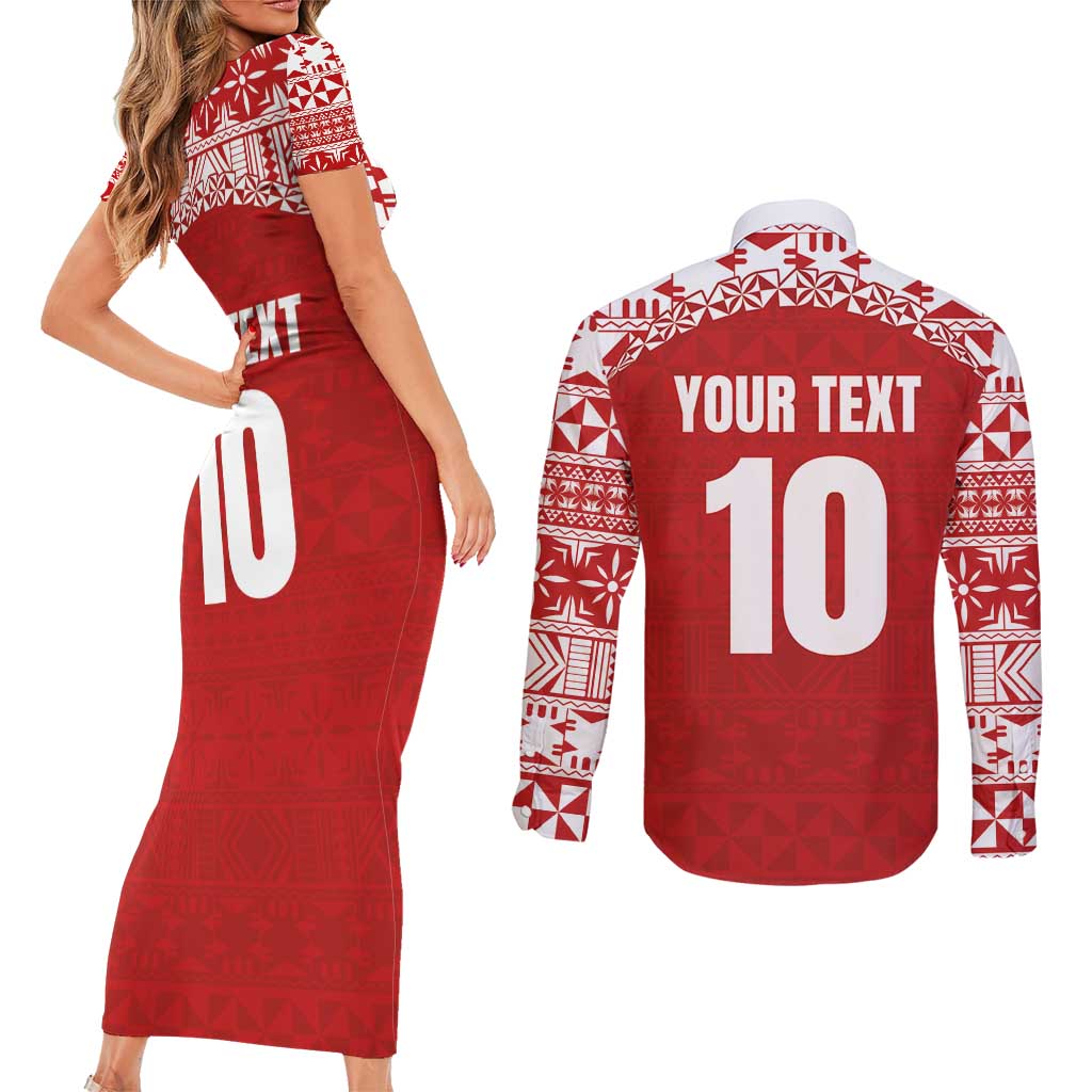 Custom Tonga Football Ngatu Tribal Tattoo Couples Matching Short Sleeve Bodycon Dress and Long Sleeve Button Shirt