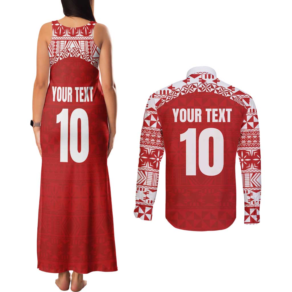 Custom Tonga Football Ngatu Tribal Tattoo Couples Matching Tank Maxi Dress and Long Sleeve Button Shirt