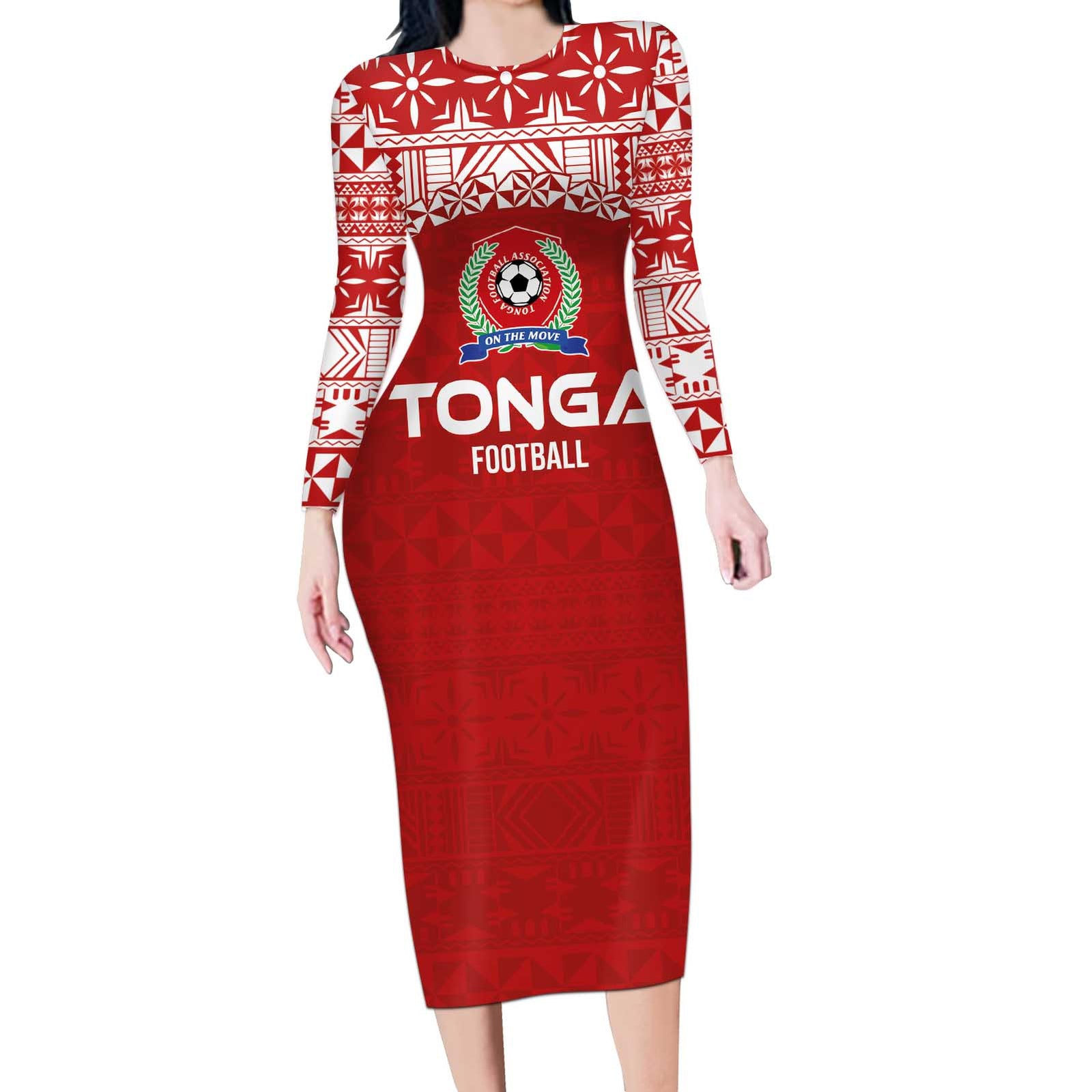Custom Tonga Football Ngatu Tribal Tattoo Long Sleeve Bodycon Dress LT03 Long Dress Red - Polynesian Pride