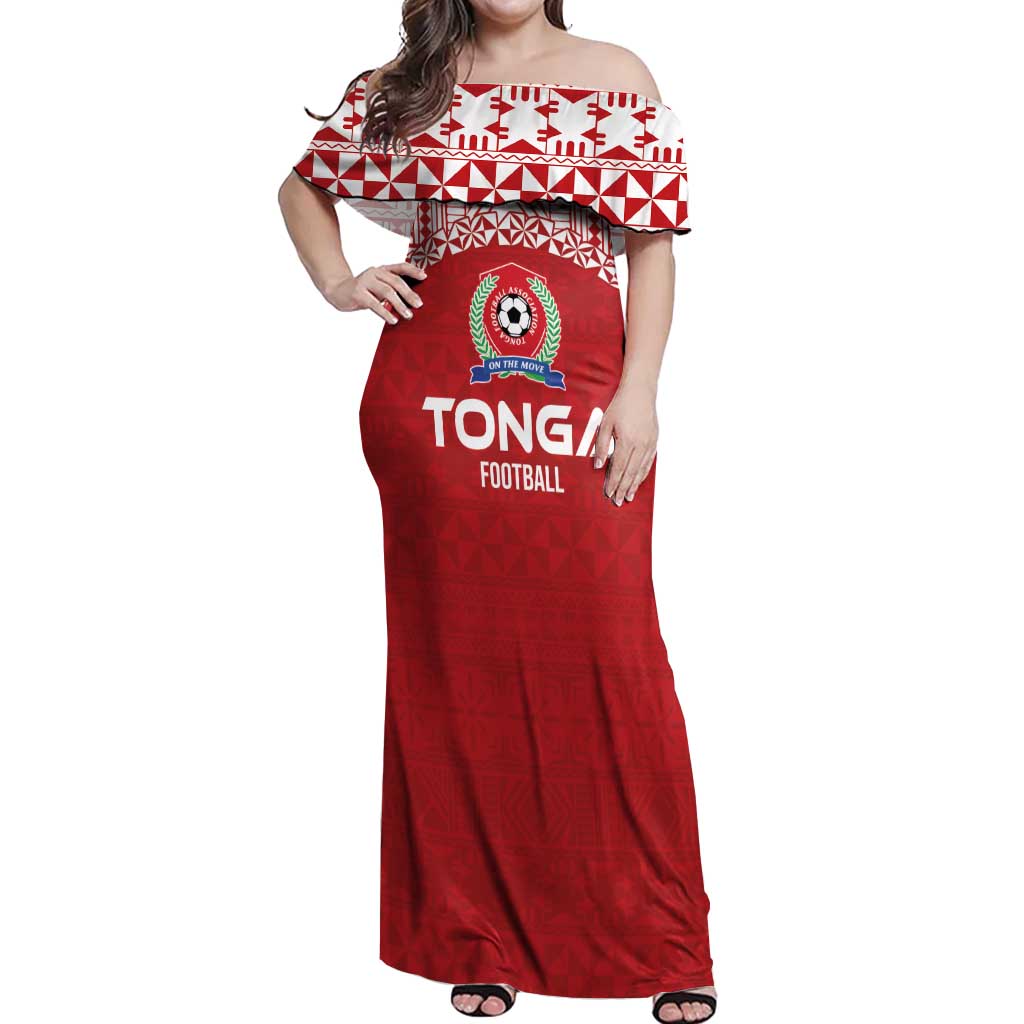 Custom Tonga Football Ngatu Tribal Tattoo Off Shoulder Maxi Dress LT03 Women Red - Polynesian Pride