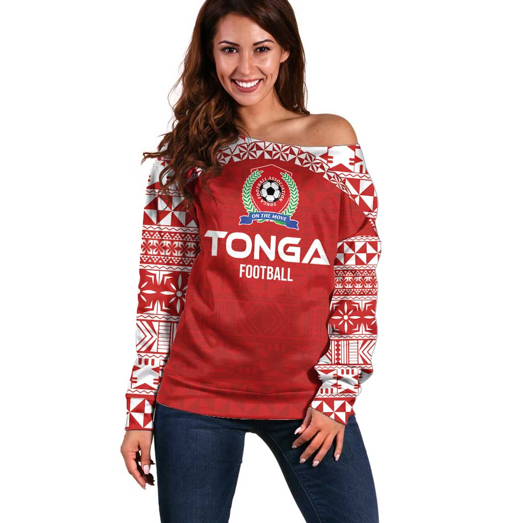 Custom Tonga Football Ngatu Tribal Tattoo Off Shoulder Sweater LT03 Women Red - Polynesian Pride