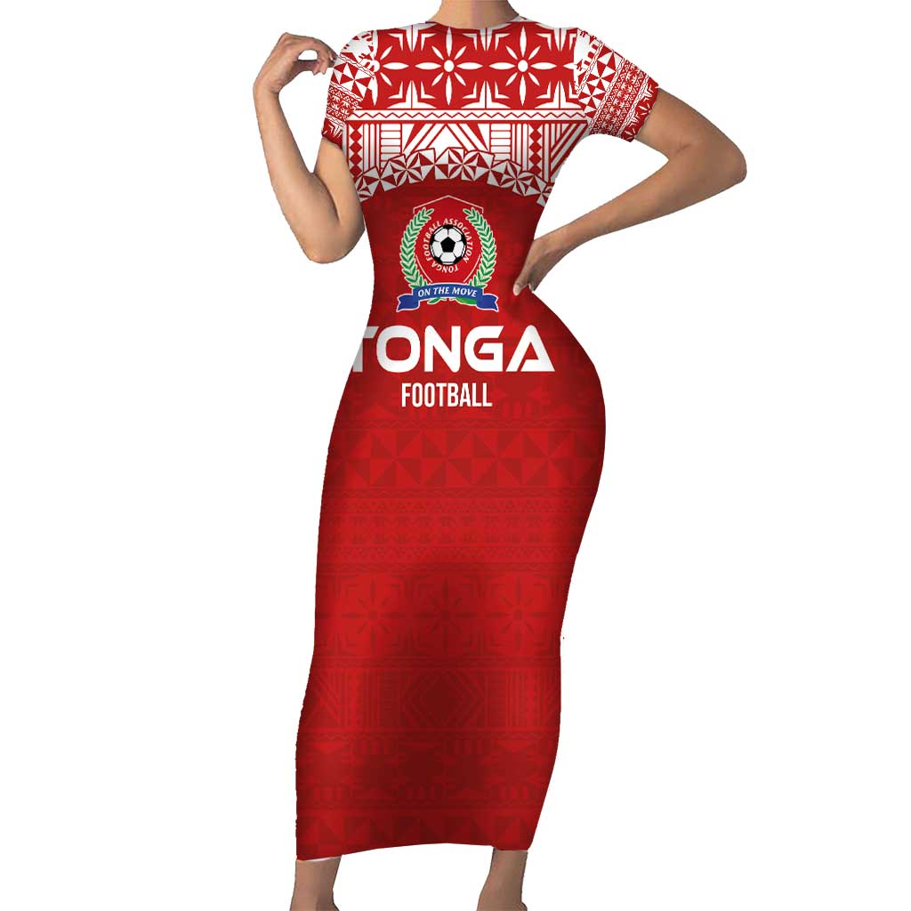 Custom Tonga Football Ngatu Tribal Tattoo Short Sleeve Bodycon Dress LT03 Long Dress Red - Polynesian Pride