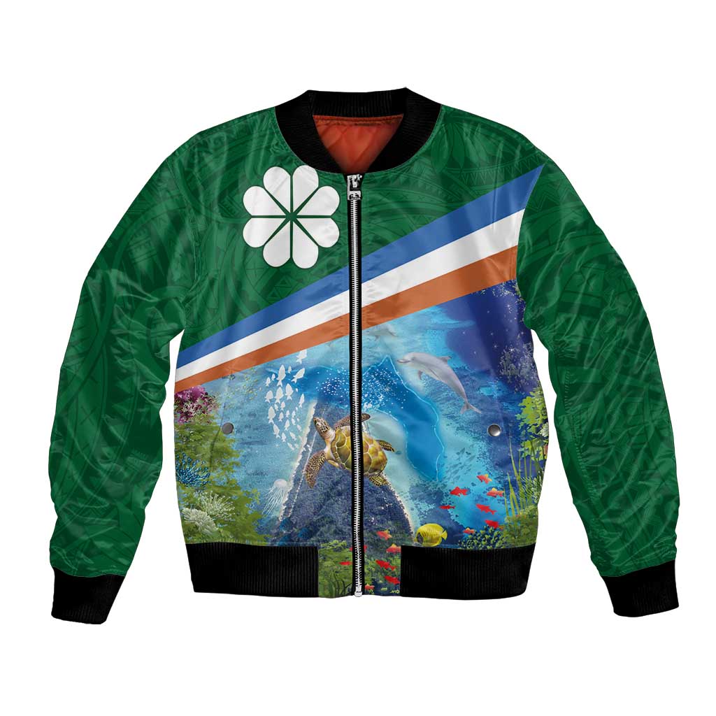 Marshall Islands Kwajalein Atoll Bomber Jacket Polynesian Pattern and Undersea Animals LT03 Unisex Blue - Polynesian Pride