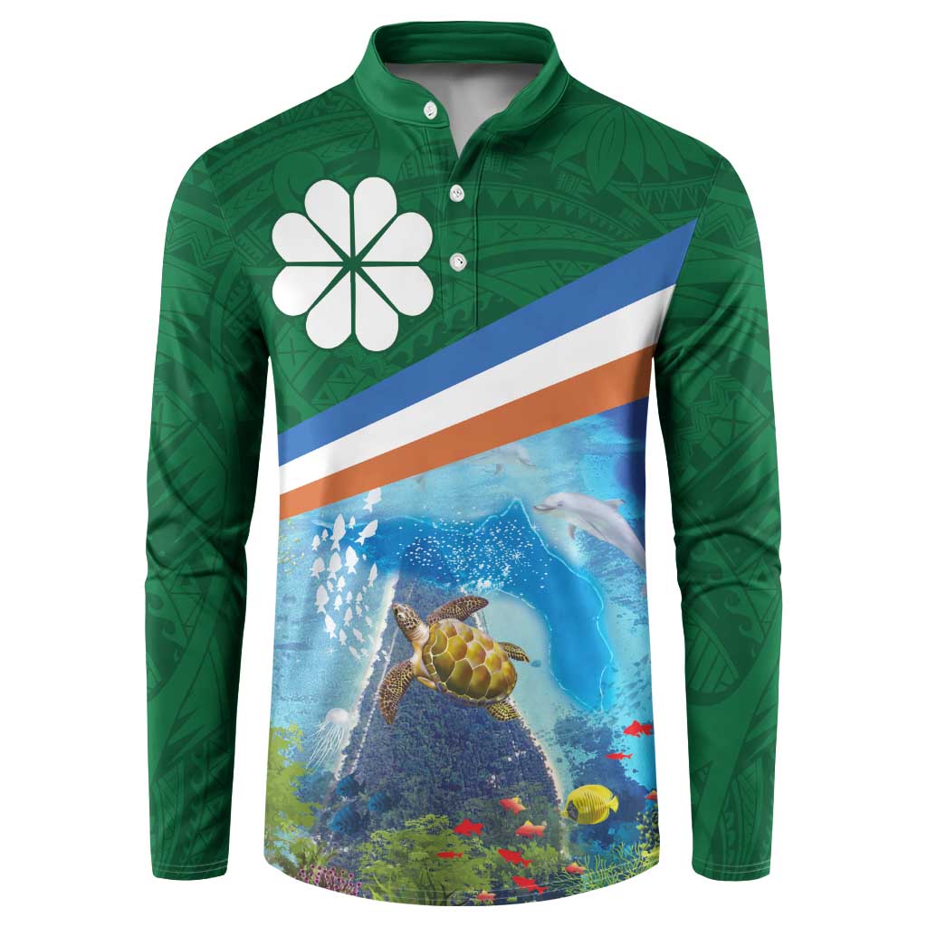 Marshall Islands Kwajalein Atoll Button Sweatshirt Polynesian Pattern and Undersea Animals LT03 Blue - Polynesian Pride