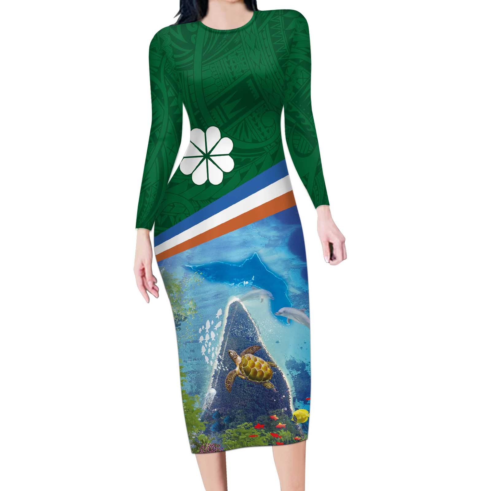 Marshall Islands Kwajalein Atoll Long Sleeve Bodycon Dress Polynesian Pattern and Undersea Animals LT03 Long Dress Blue - Polynesian Pride
