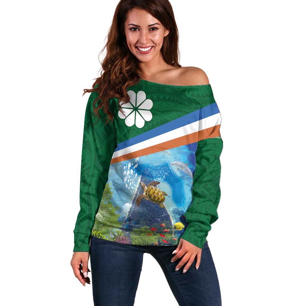 Marshall Islands Kwajalein Atoll Off Shoulder Sweater Polynesian Pattern and Undersea Animals LT03 Women Blue - Polynesian Pride
