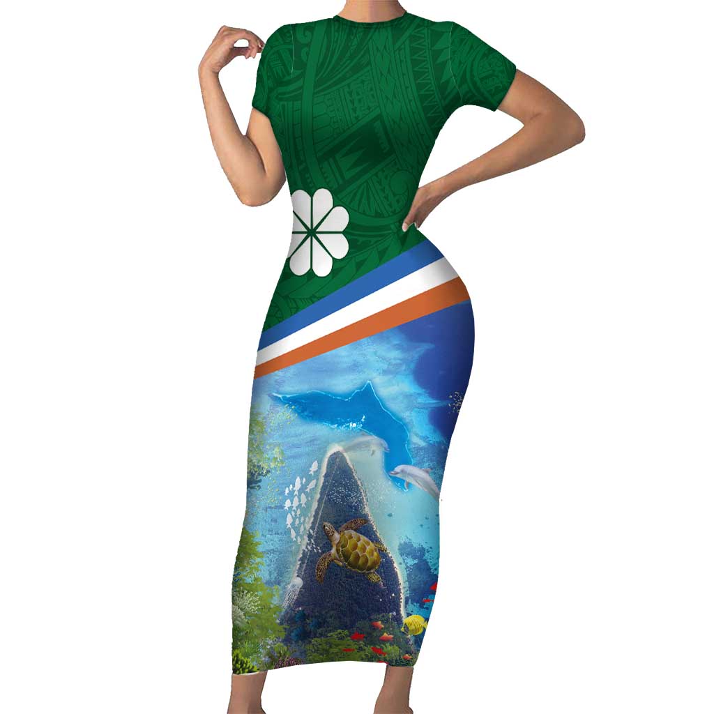 Marshall Islands Kwajalein Atoll Short Sleeve Bodycon Dress Polynesian Pattern and Undersea Animals LT03 Long Dress Blue - Polynesian Pride