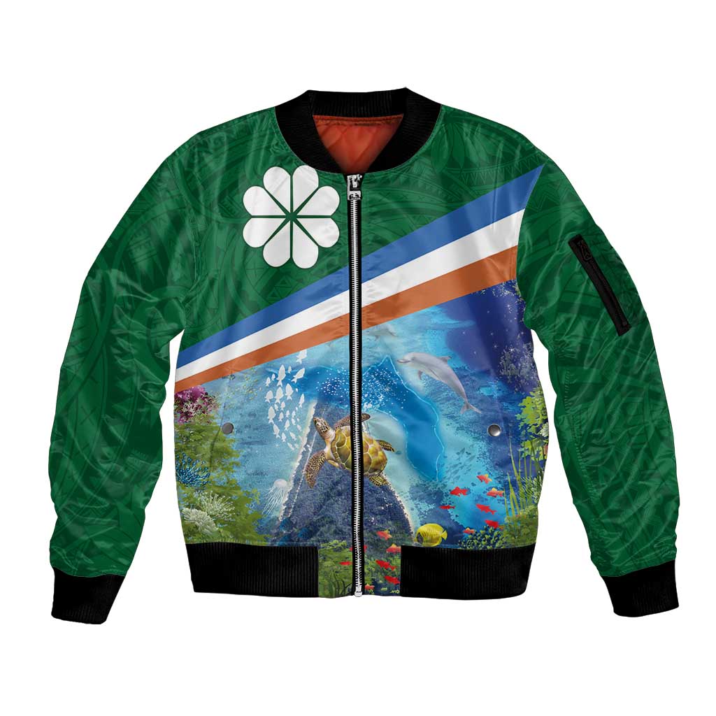 Marshall Islands Kwajalein Atoll Sleeve Zip Bomber Jacket Polynesian Pattern and Undersea Animals LT03 Unisex Blue - Polynesian Pride