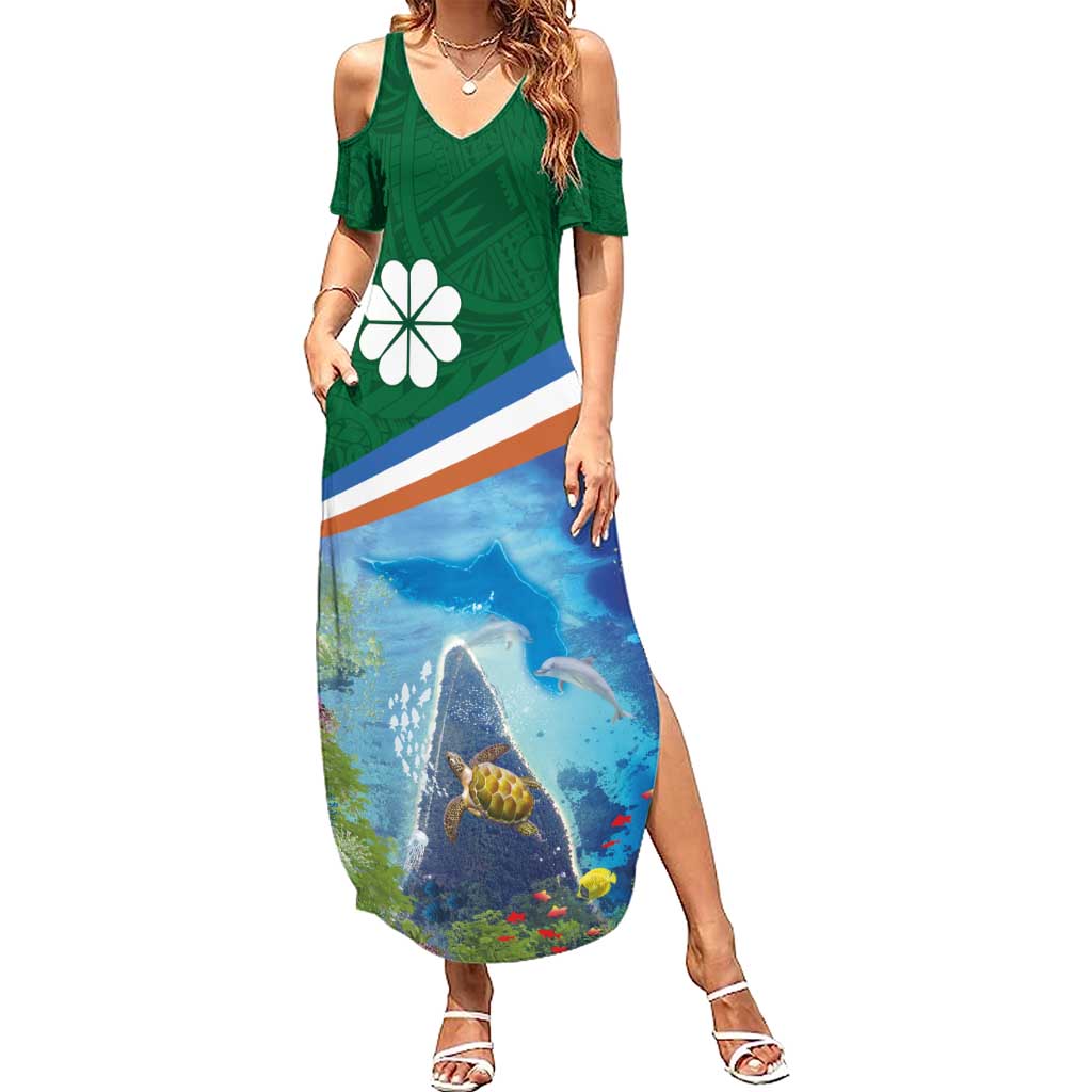Marshall Islands Kwajalein Atoll Summer Maxi Dress Polynesian Pattern and Undersea Animals LT03 Women Blue - Polynesian Pride