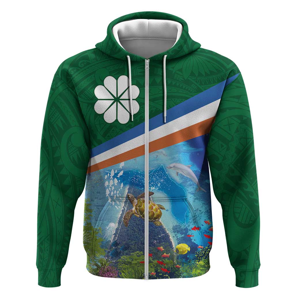 Marshall Islands Kwajalein Atoll Zip Hoodie Polynesian Pattern and Undersea Animals LT03 Zip Hoodie Blue - Polynesian Pride