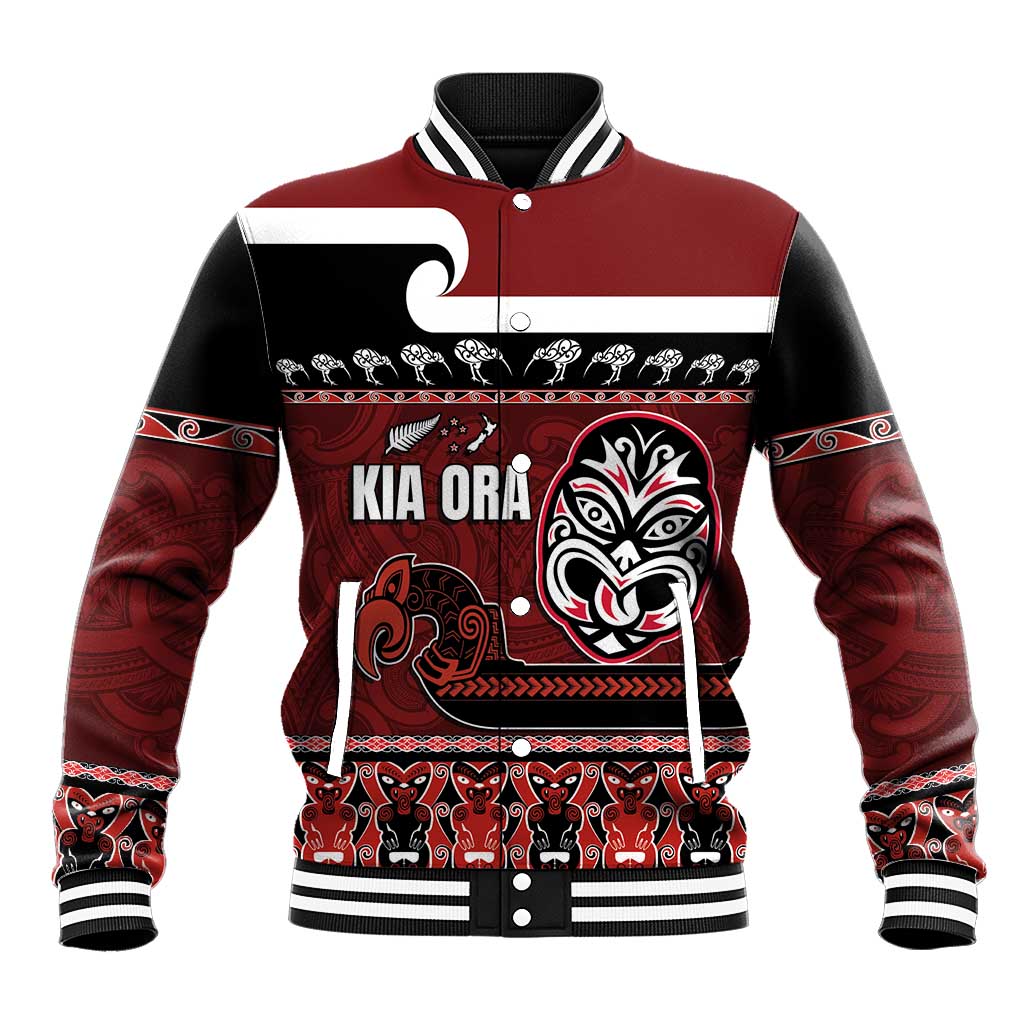 New Zealand Culture Baseball Jacket Kia Ora Aotearoa Moko Tattoo Mask with Waka and Maori Art Pattern