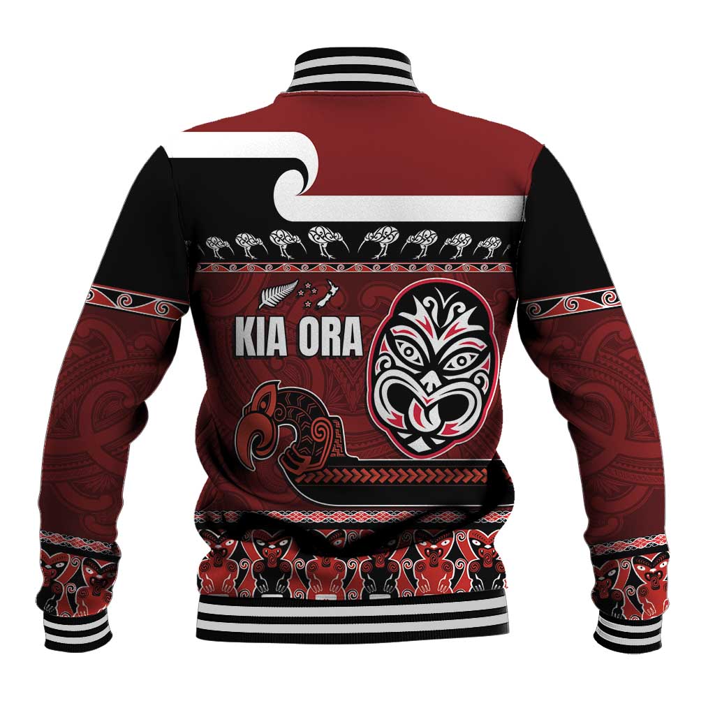 New Zealand Culture Baseball Jacket Kia Ora Aotearoa Moko Tattoo Mask with Waka and Maori Art Pattern