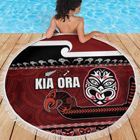 New Zealand Culture Beach Blanket Kia Ora Aotearoa Moko Tattoo Mask with Waka and Maori Art Pattern
