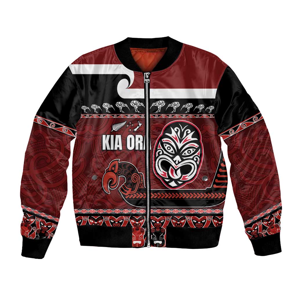 New Zealand Culture Bomber Jacket Kia Ora Aotearoa Moko Tattoo Mask with Waka and Maori Art Pattern LT03 Unisex Red - Polynesian Pride