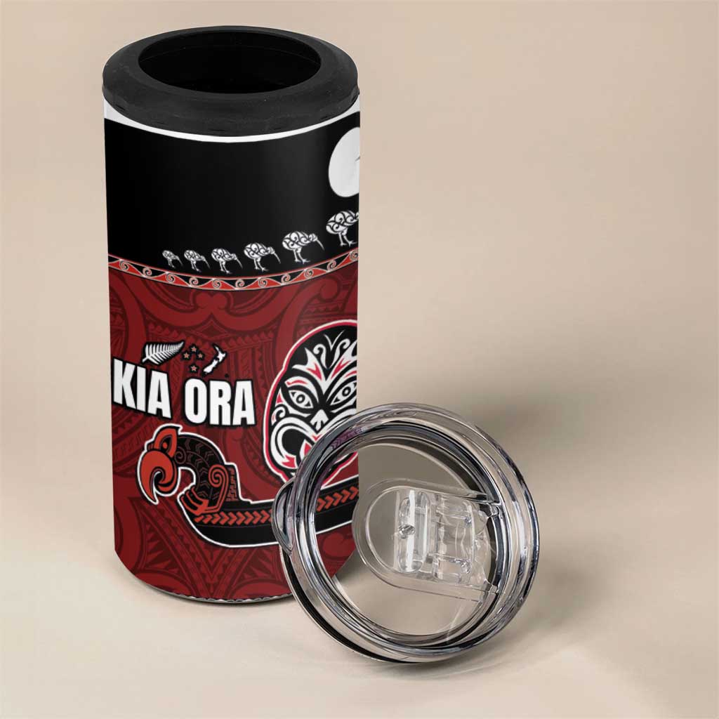 New Zealand Culture 4 in 1 Can Cooler Tumbler Kia Ora Aotearoa Moko Tattoo Mask with Waka and Maori Art Pattern