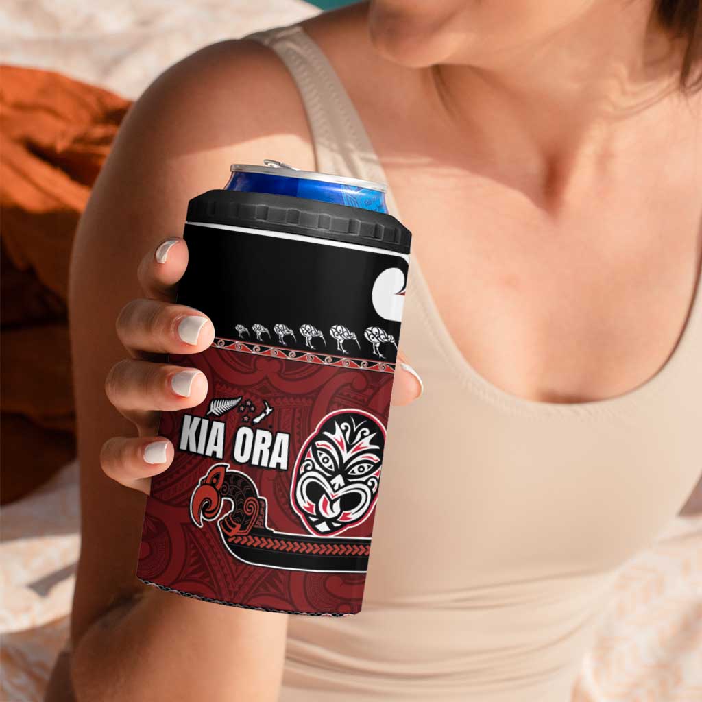 New Zealand Culture 4 in 1 Can Cooler Tumbler Kia Ora Aotearoa Moko Tattoo Mask with Waka and Maori Art Pattern